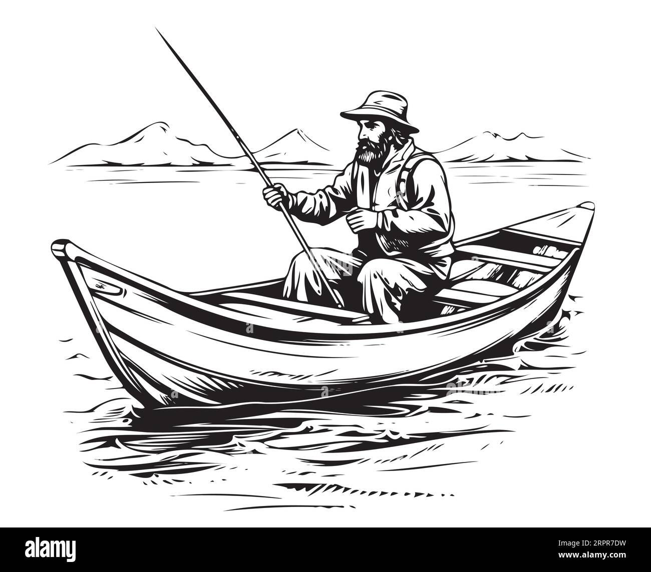 Fisherman in a boat sketch hand drawn sketch Vector Stock Vector