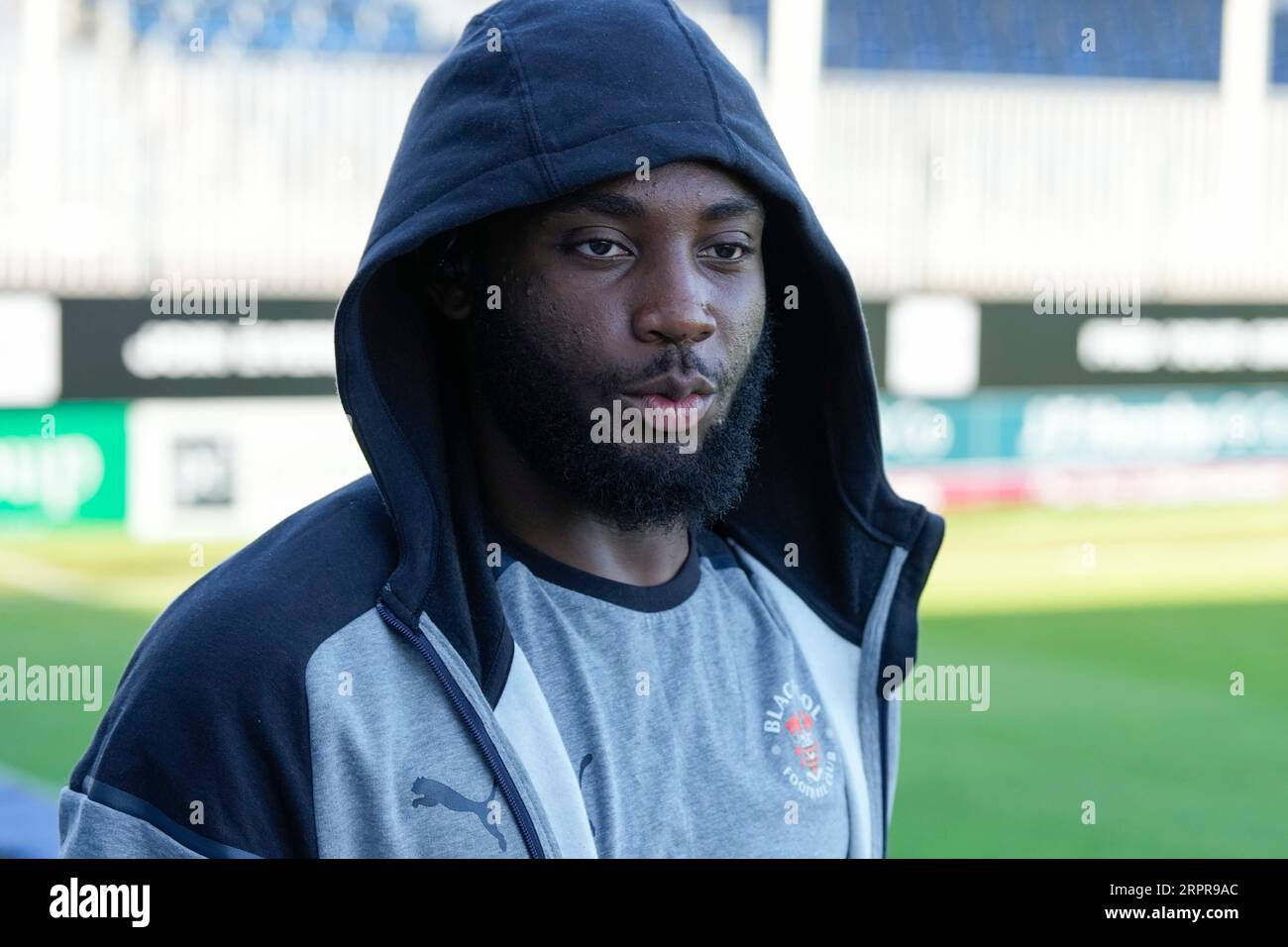Kylian Kouassi 27 of Blackpool arrives at the stadium before before