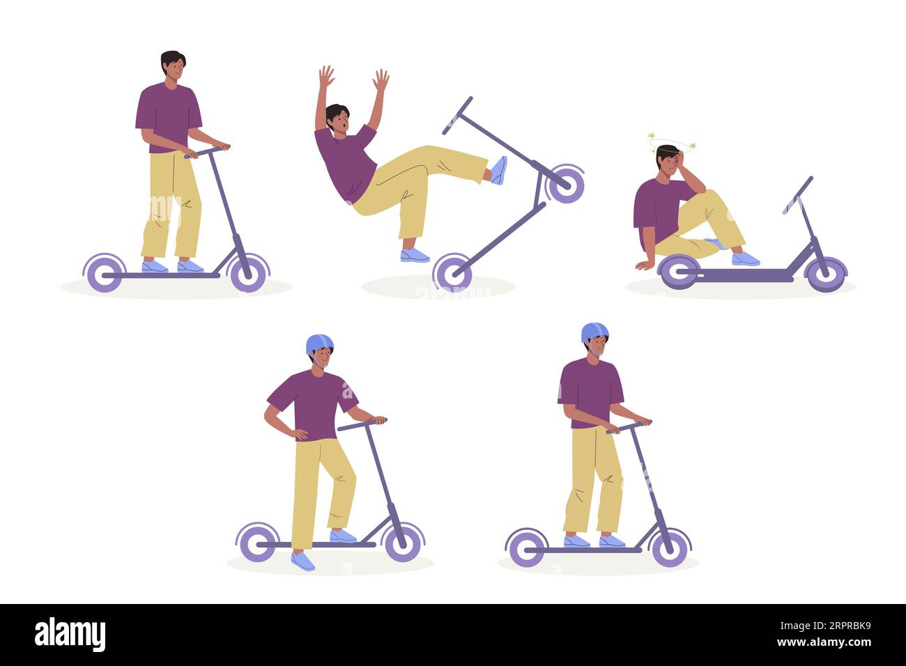 Set of young guy riding electric walk scooter, falling off scooter at