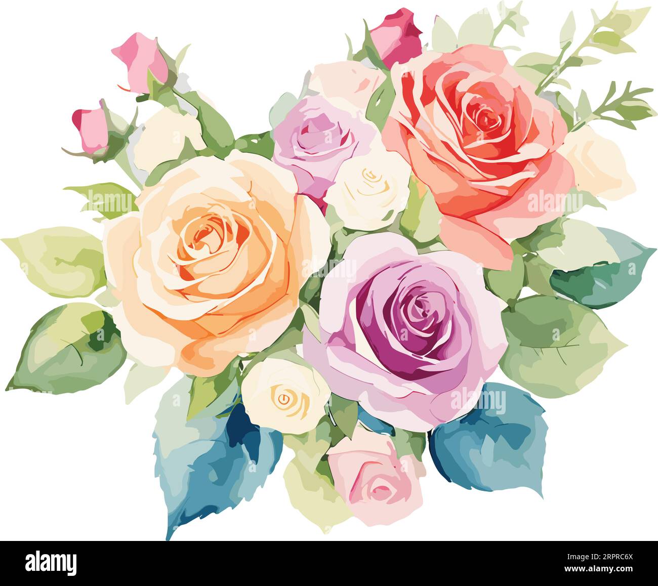 Blush pink rose and sage greenery, ivory peony, hydrangea, ranunculus flowers eucalyptus vector floral bunches. Floral pastel watercolor style wedding Stock Vector