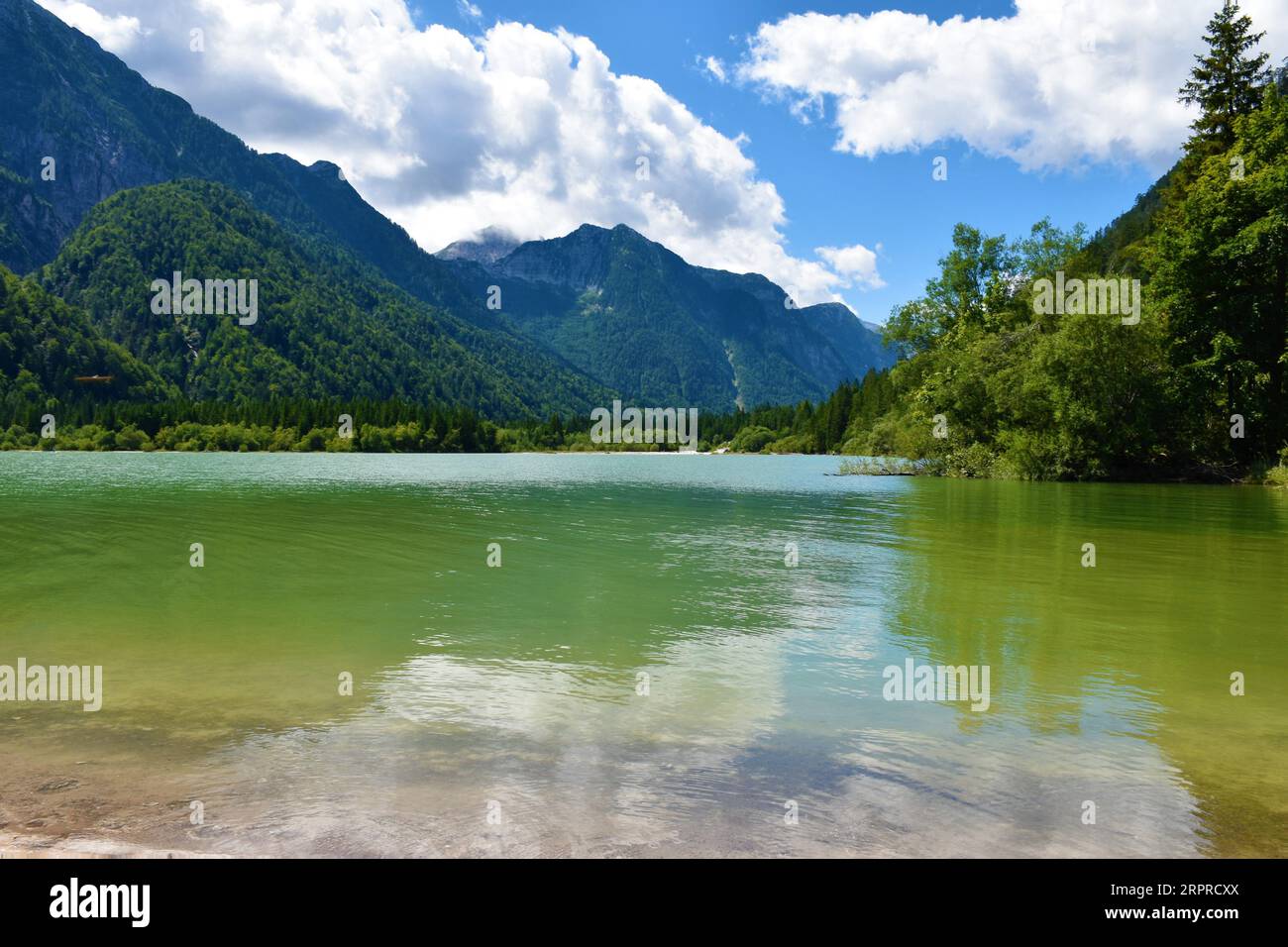 View of the mountain above Lago del Predil lake near Tarvisio, Italy Stock Photo