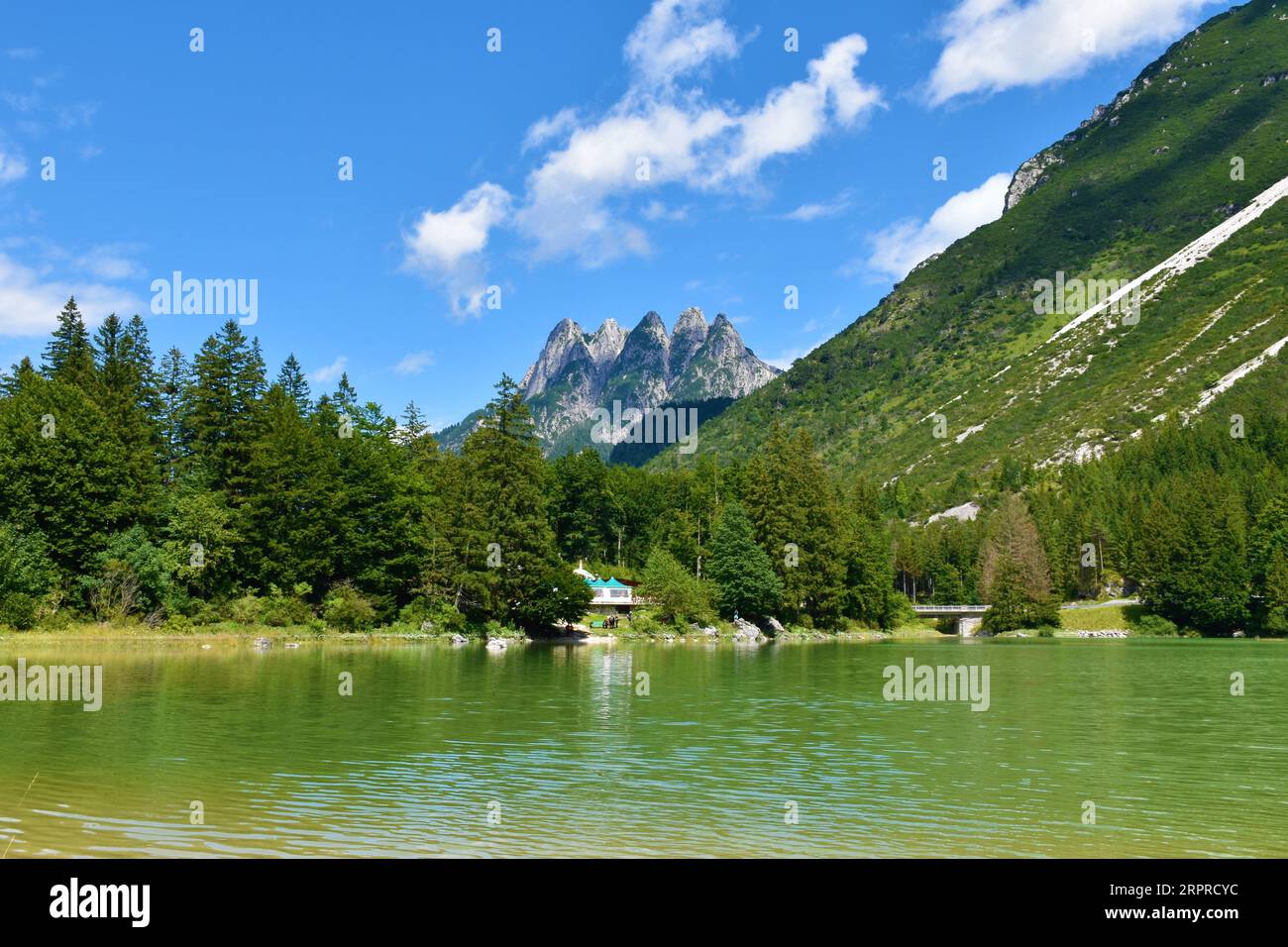 Peaks of Cinque Punte mountain and Lago del Predil lake near Tarvisio, Italy Stock Photo