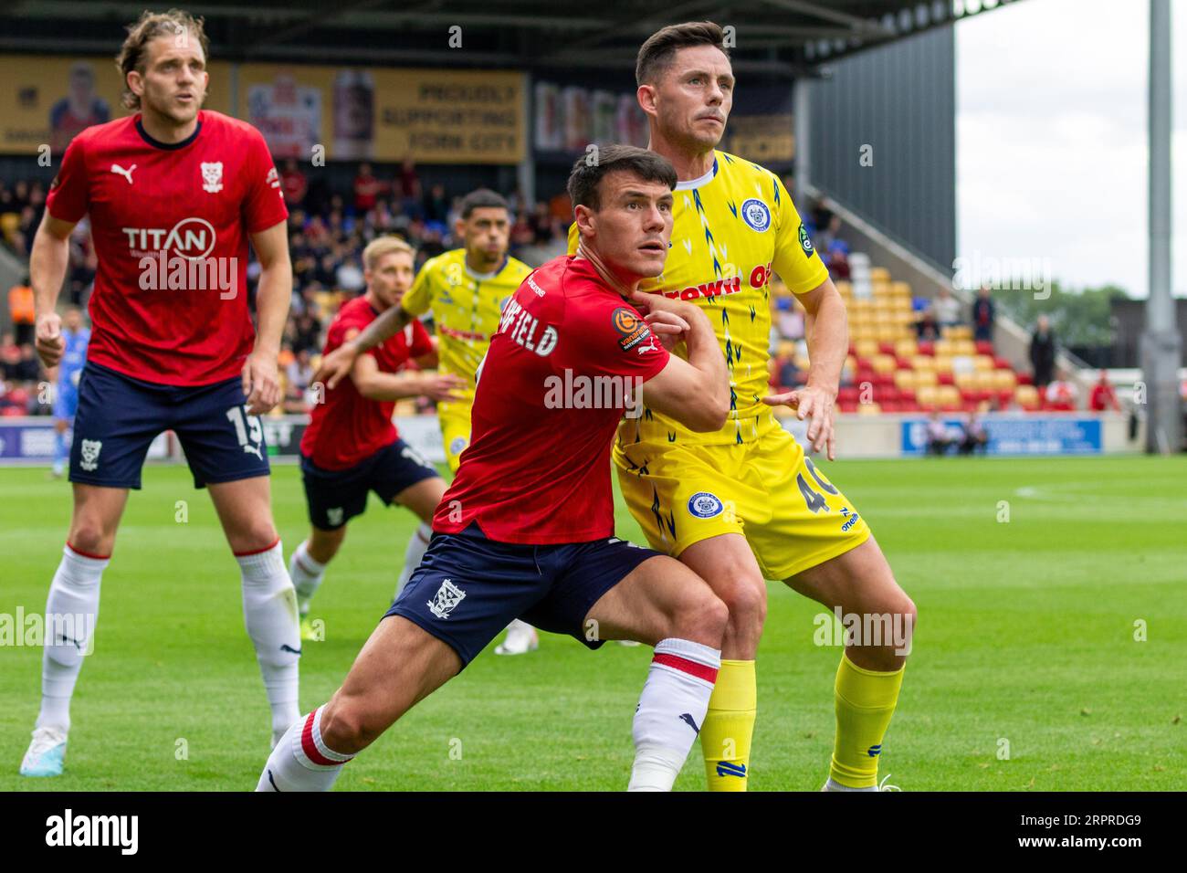 York, United Kingdom, 28 August 2023, Ryan Fallowfield, Callum Howe and Ian Henderson at the York City VS Rochdale at the LNER Stadium, Aaron Badkin Stock Photo