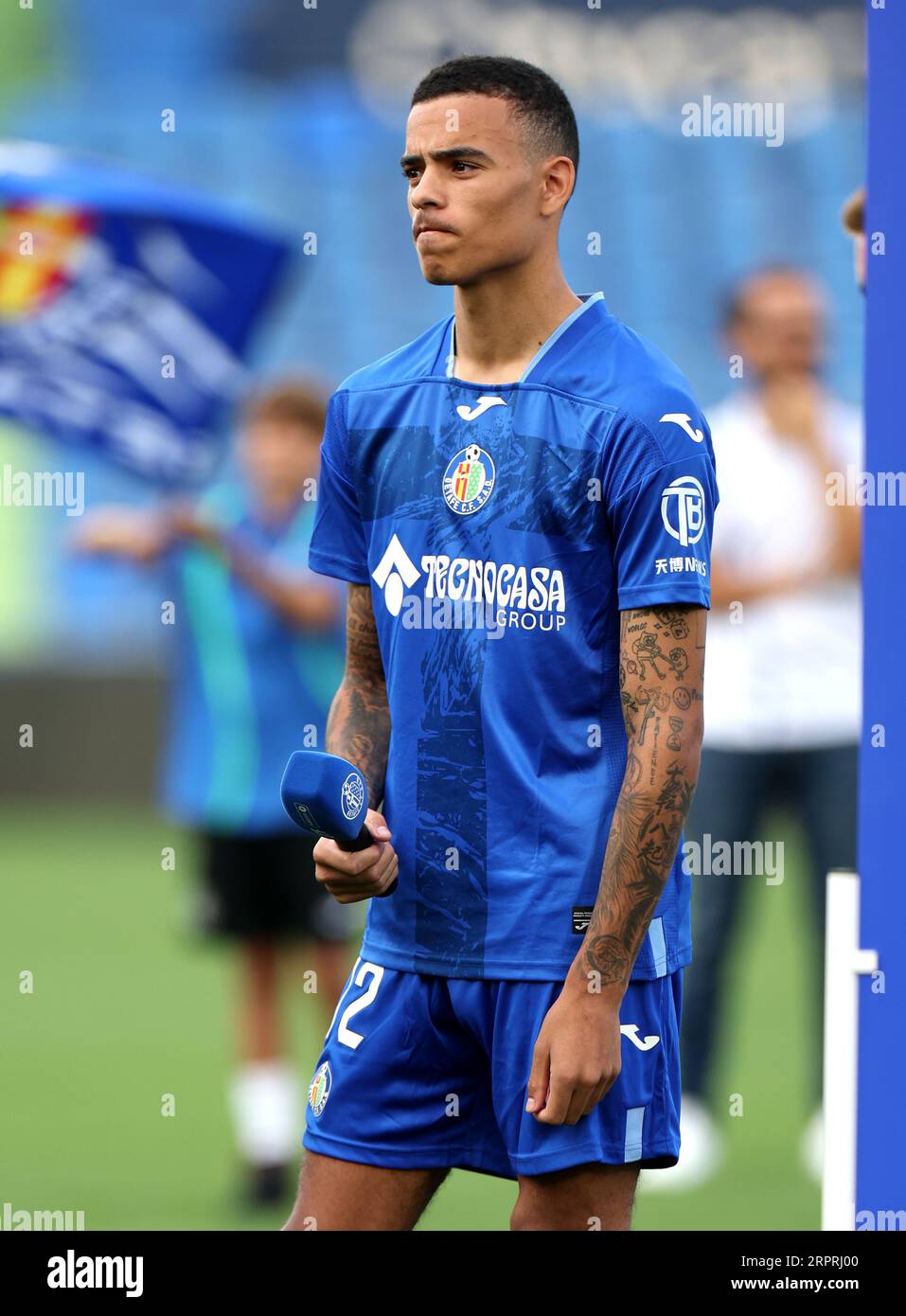 Getafe's Mason Greenwood speaks to the fans during the presentation at Estadio Coliseum Alfonso Perez, Getafe, Spain. Picture date: Tuesday September 5, 2023. Stock Photo