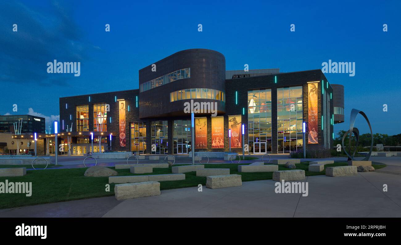 Pablo Center at the Confluence at night in downtown Eau Claire, Wisconsin Stock Photo