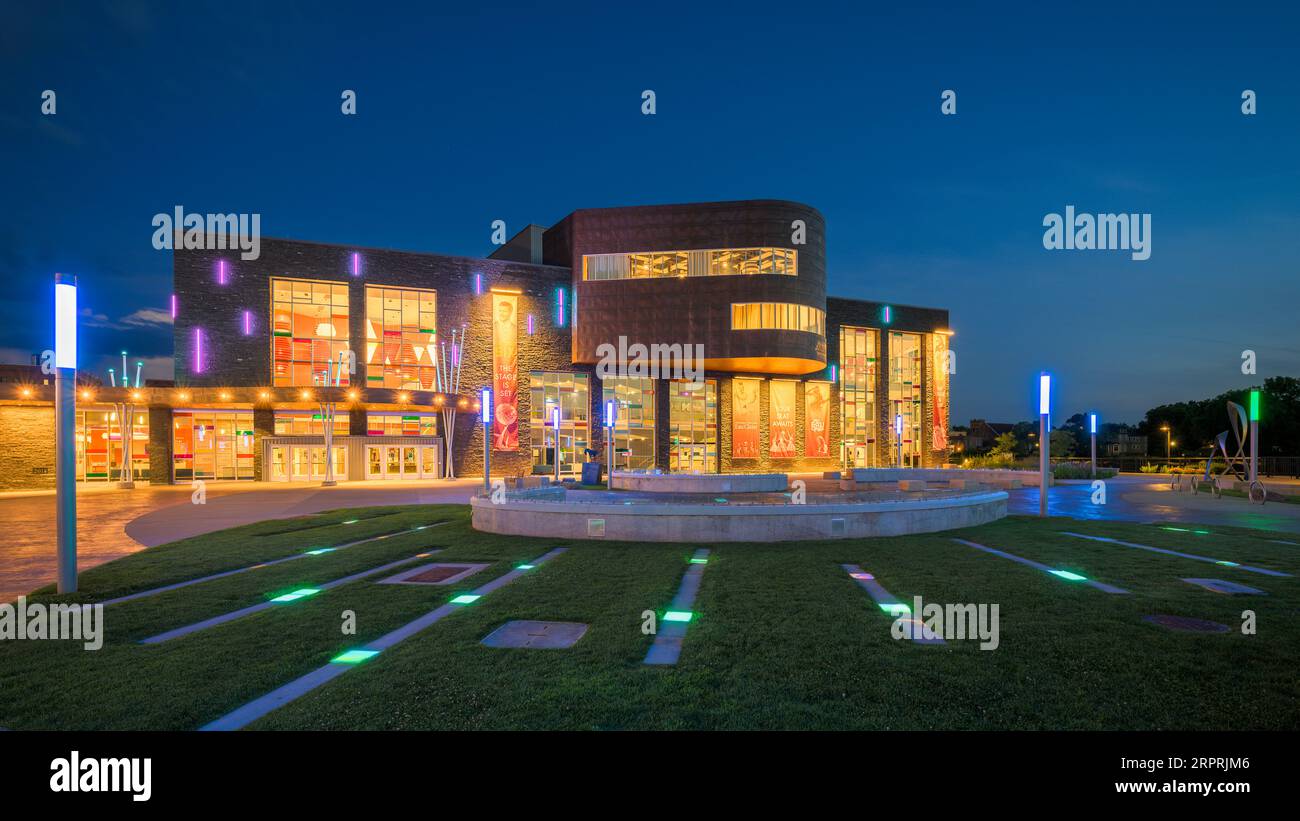 Pablo Center at the Confluence at night in downtown Eau Claire, Wisconsin Stock Photo