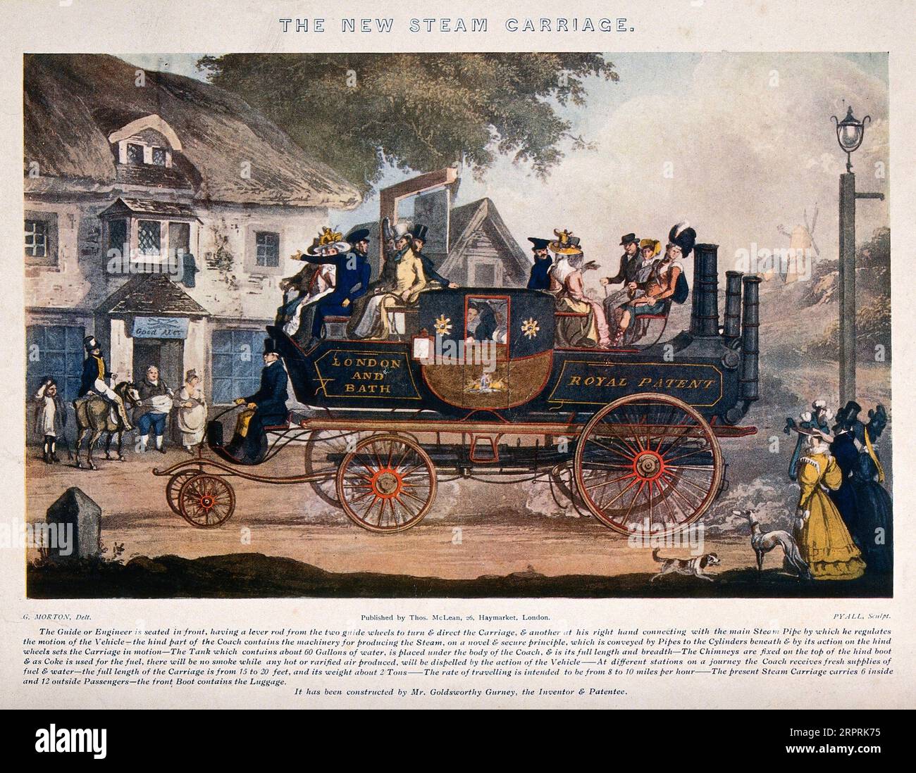 A steam driven carriage on the route between London and Bath passes through the streets of a village as bystanders watch its progress. Colour process print after H. Pyall after G. Morton c1828 Stock Photo