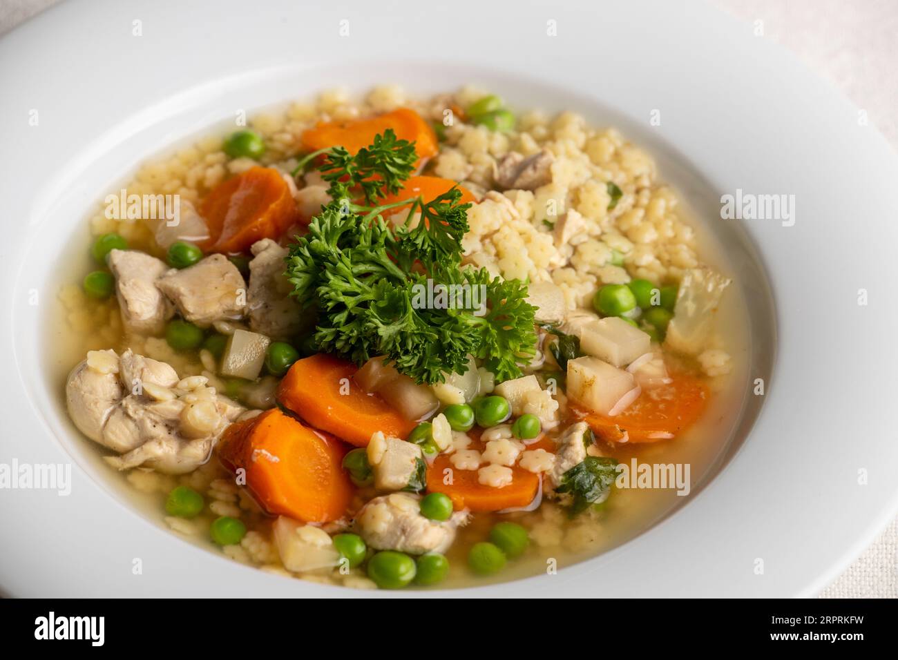 overview of chicken soup with bread Stock Photo