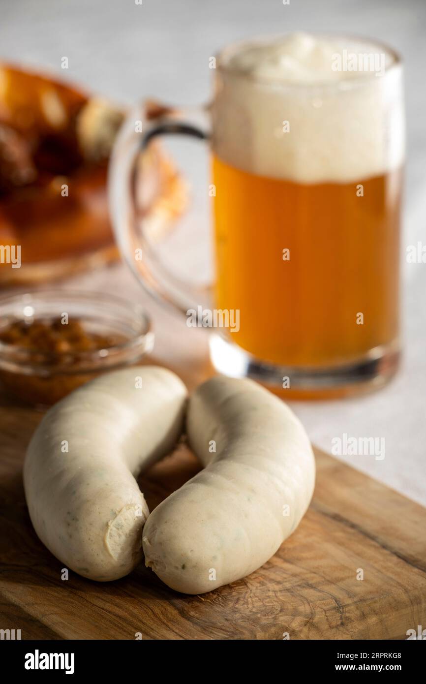 bavarian white sausages with pretzel Stock Photo