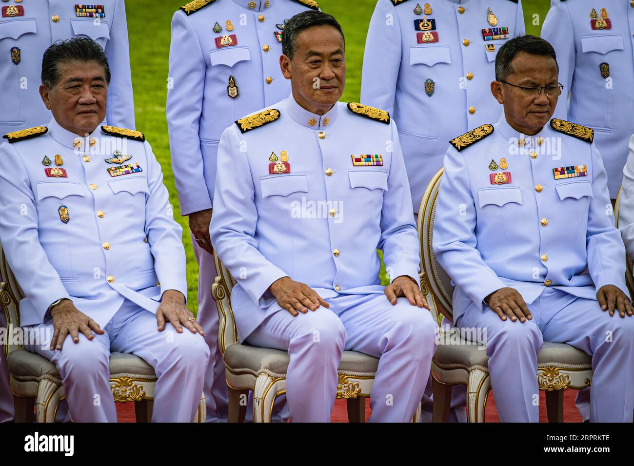 Bangkok, Bangkok, Thailand. 5th Sep, 2023. September 05, 2023, Thai Prime Minister Srettha Thavisin (Front C) shares a light moment Deputy Prime Minister and Commerce Minister Phumtham Wechayachai (Front 2-L), Deputy Prime Minister Somsak Thepsutin (Front 2-R) during a group photo of the new government after being sworn in to the king, at Government House in Bangkok, Thailand. The Thai king has officially endorsed Thailand's new coalition government led by Prime Minister Srettha Thavisin after the 14 May general election. (Credit Image: © Wissarut Weerasopon/ZUMA Press Wire) EDITORIAL USAGE Stock Photo