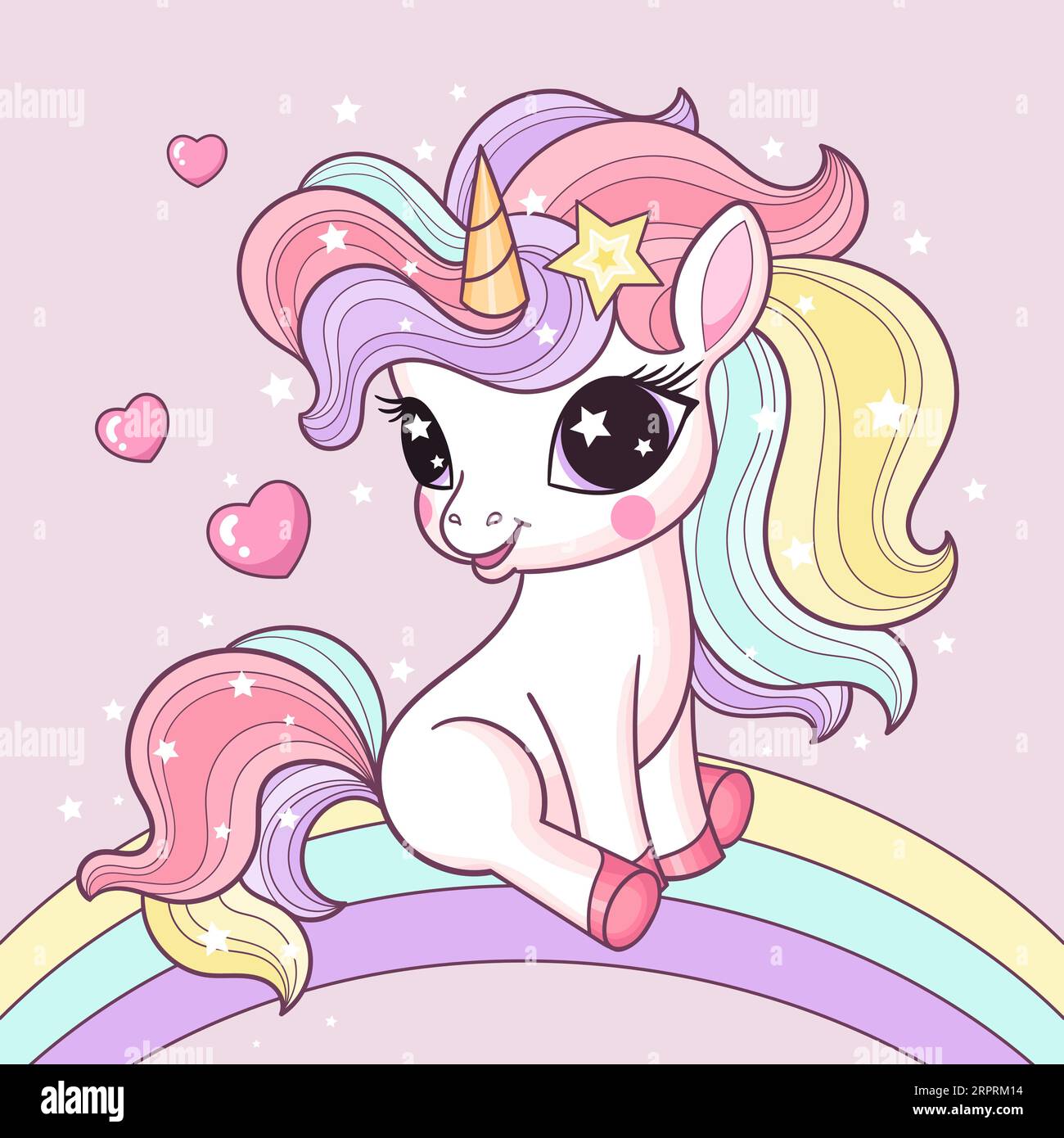 A cute little unicorn sits on a rainbow. Vector illustration Stock ...