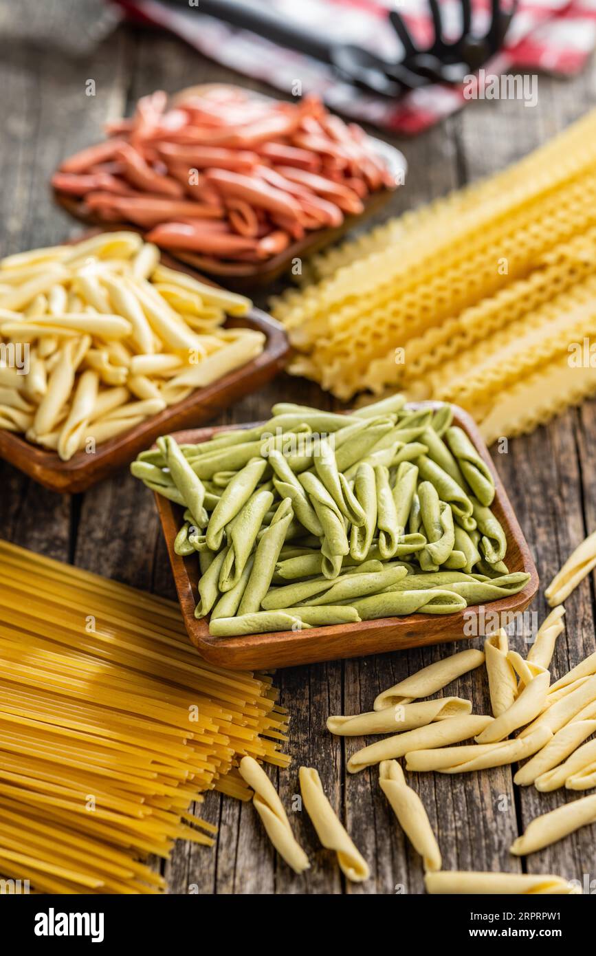 Fusilli pugliesi. Italian tricolor twisted pasta in the bowl Stock