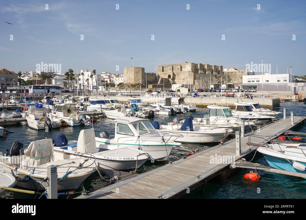 Sail boats and motorboats in Marina of Tarifa, leisure port, Ferry port behind, Costa de la Luz, Andalusia, Spain. Stock Photo