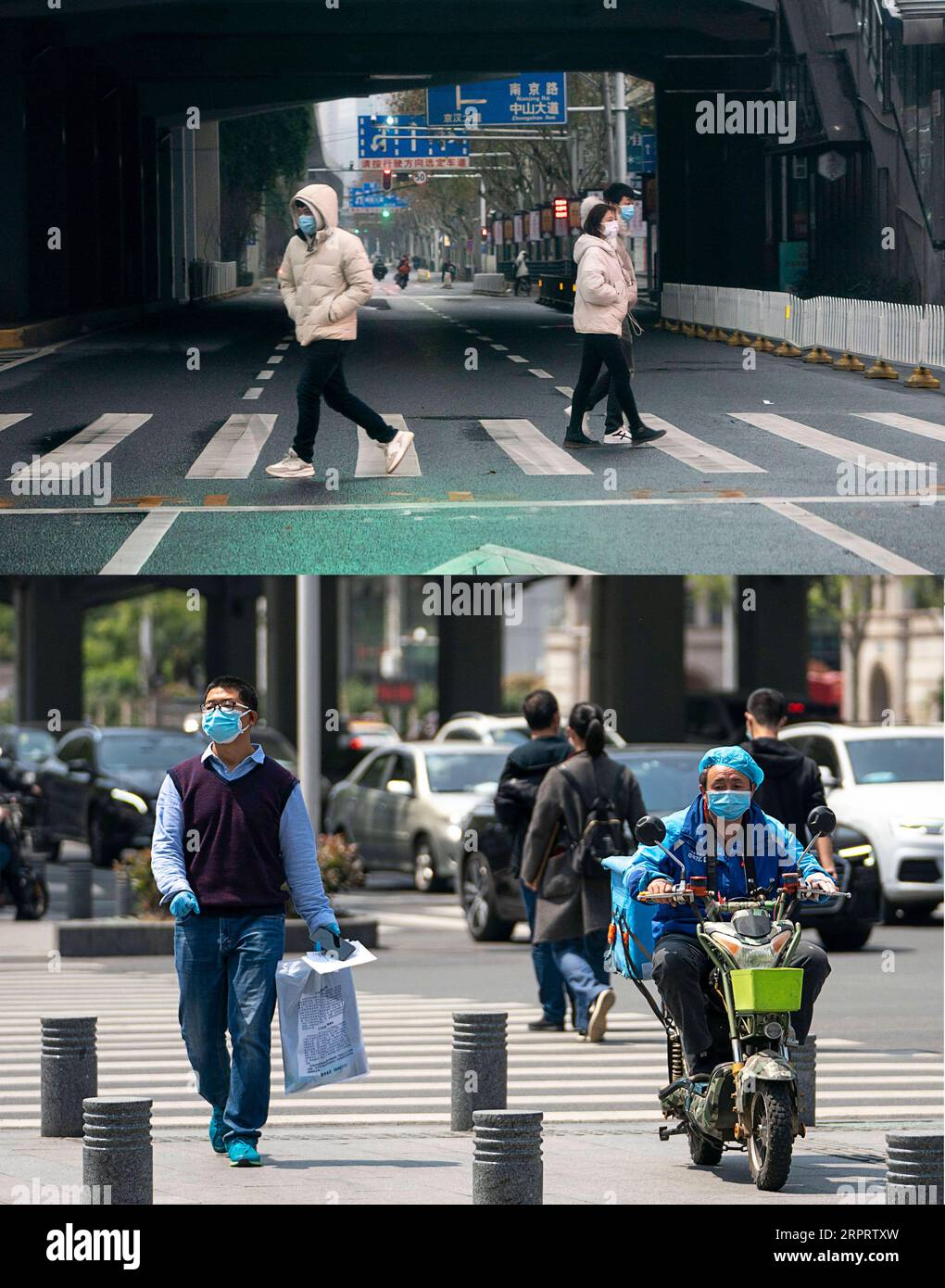 200408 -- WUHAN, April 8, 2020 -- Combo photo shows pedestrains crossing the road at a street in Hankou District of Wuhan, central China s Hubei Province on Jan. 26, 2020 upper and on April 8, 2020. With long lines of cars streaming through expressway tollgates and masked passengers boarding trains, the megacity of Wuhan in central China lifted outbound travel restrictions on Wednesday after almost 11 weeks of lockdown imposed to stem the COVID-19 outbreak  CHINA-HUBEI-WUHAN-LIFE-RESUMING CN XiongxQi PUBLICATIONxNOTxINxCHN Stock Photo