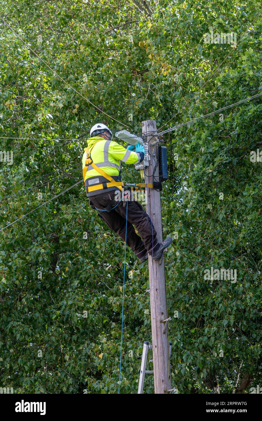 Workman, telecoms engineer,  working at height up the top of a telegraph pole, UK Stock Photo