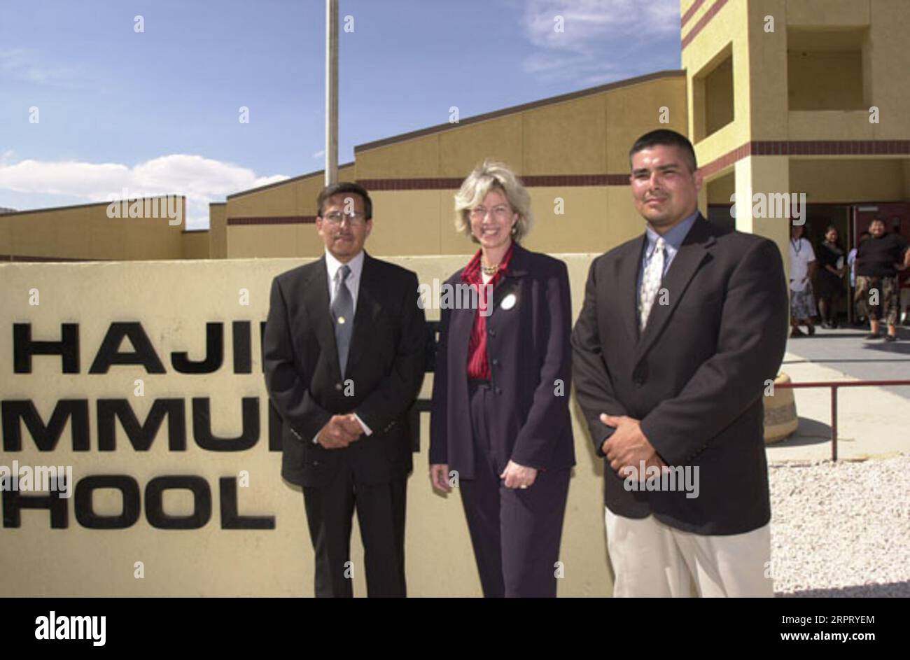 Secretary Gale Norton with school staff in front of the To Hajiilee-He Community School, an Eastern Navajo Agency-operated school in Canoncito, New Mexico. Visit highlighted federal support for American Indian schools, and such initiatives as the Family and Child Education Program emphasizing parent-childlearning Stock Photo