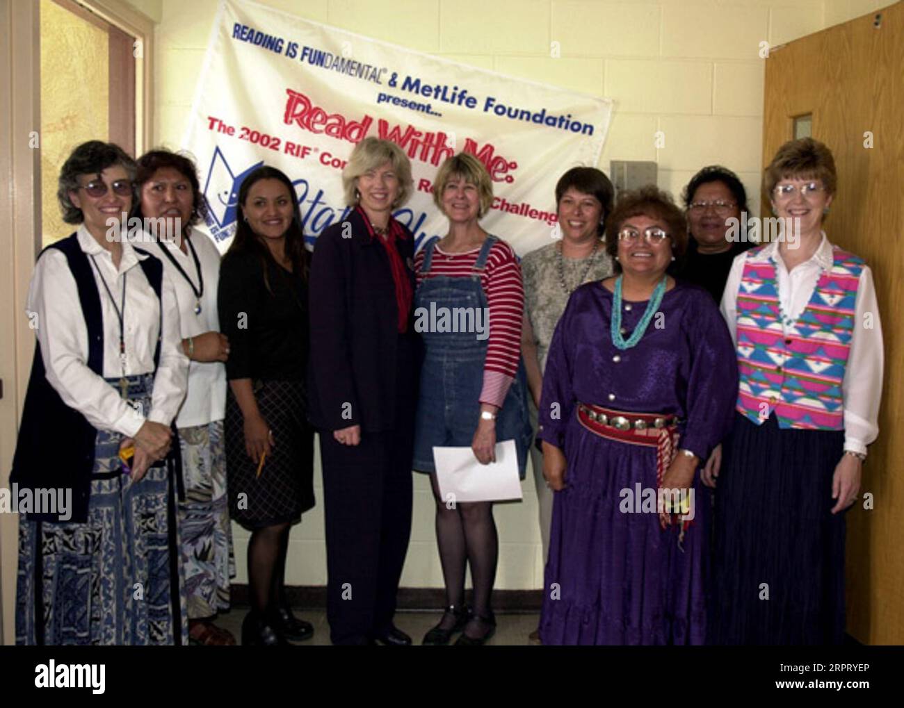 Secretary Gale Norton, center, with school staff during visit to the To Hajiilee-He Community School, an Eastern Navajo Agency-operated school in Canoncito, New Mexico. Visit highlighted federal support for American Indian schools. Photograph was used in Department of Interior video on the Norton tenure Stock Photo