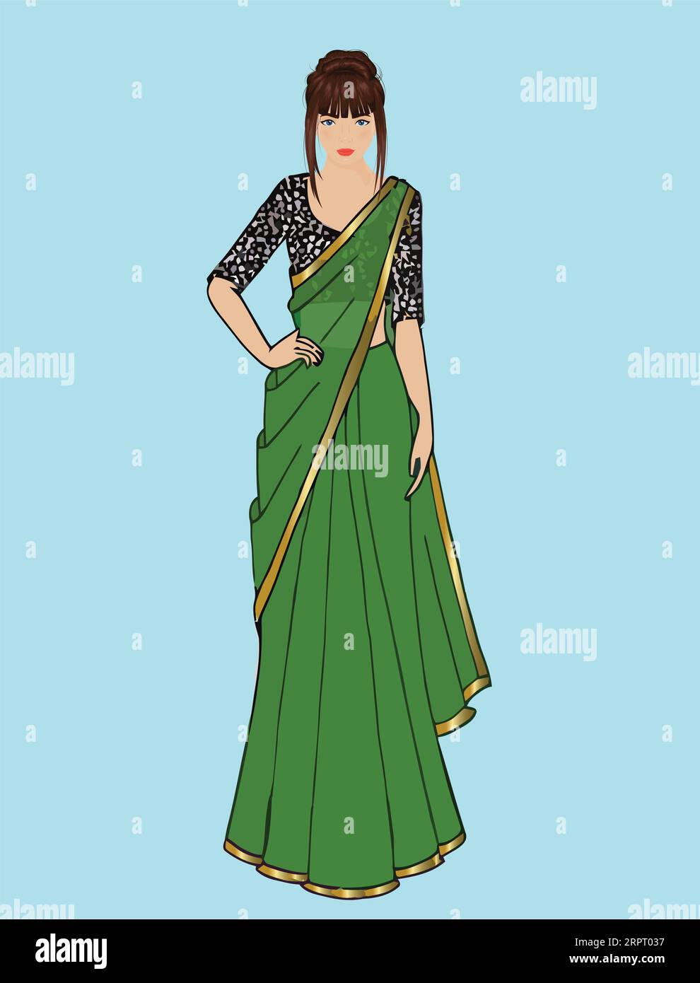 Indian girl wearing traditional Indian Dress green sari and a black blouse Stock Vector