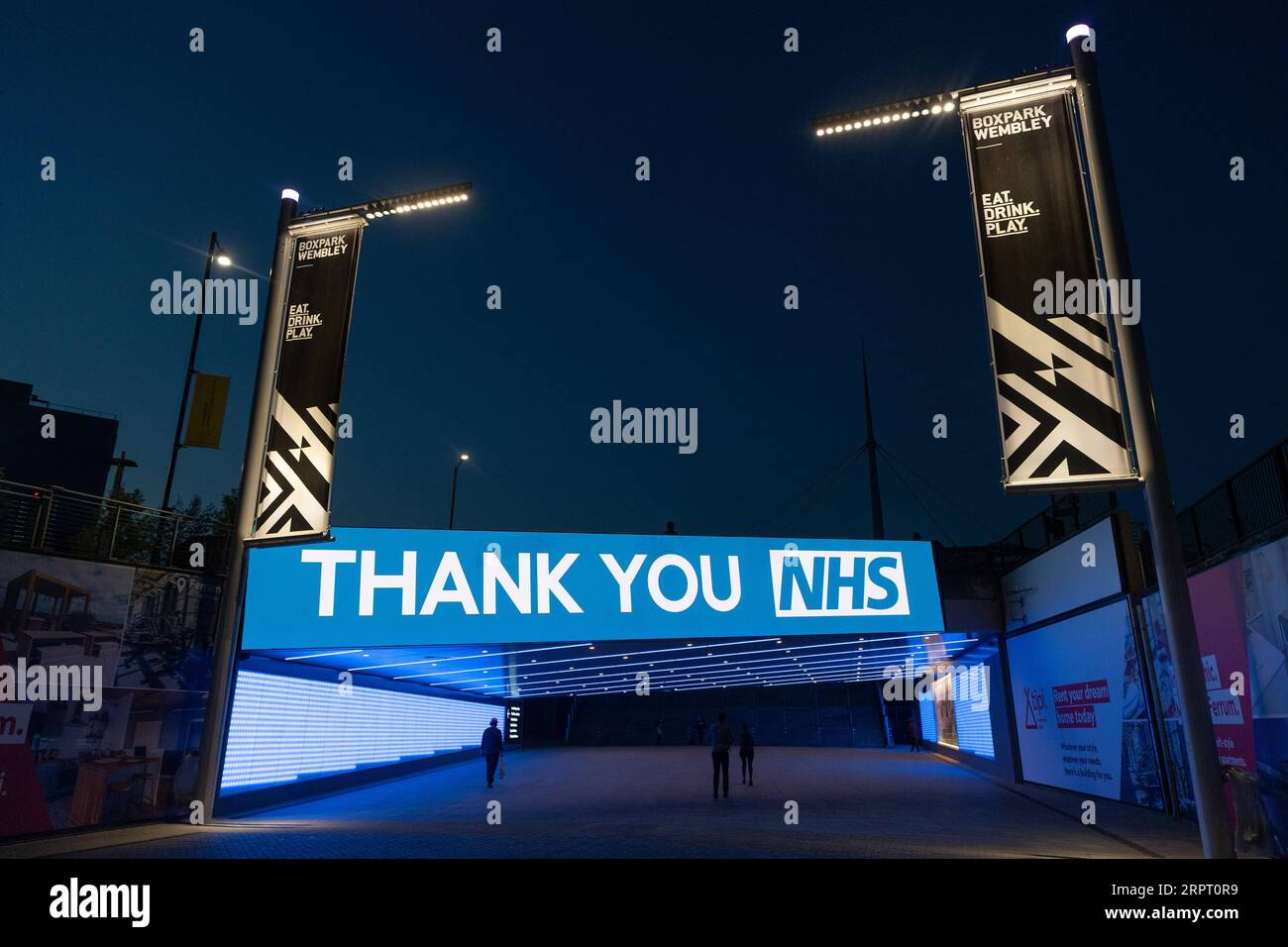 200410 -- LONDON, April 10, 2020 Xinhua -- Photo taken on April 9, 2020 shows a message thanking NHS National Health Service workers in front of Wembley Stadium in northwest London, Britain. Photo by Ray Tang/Xinhua BRITAIN-LONDON-COVID-19-NHS PUBLICATIONxNOTxINxCHN Stock Photo