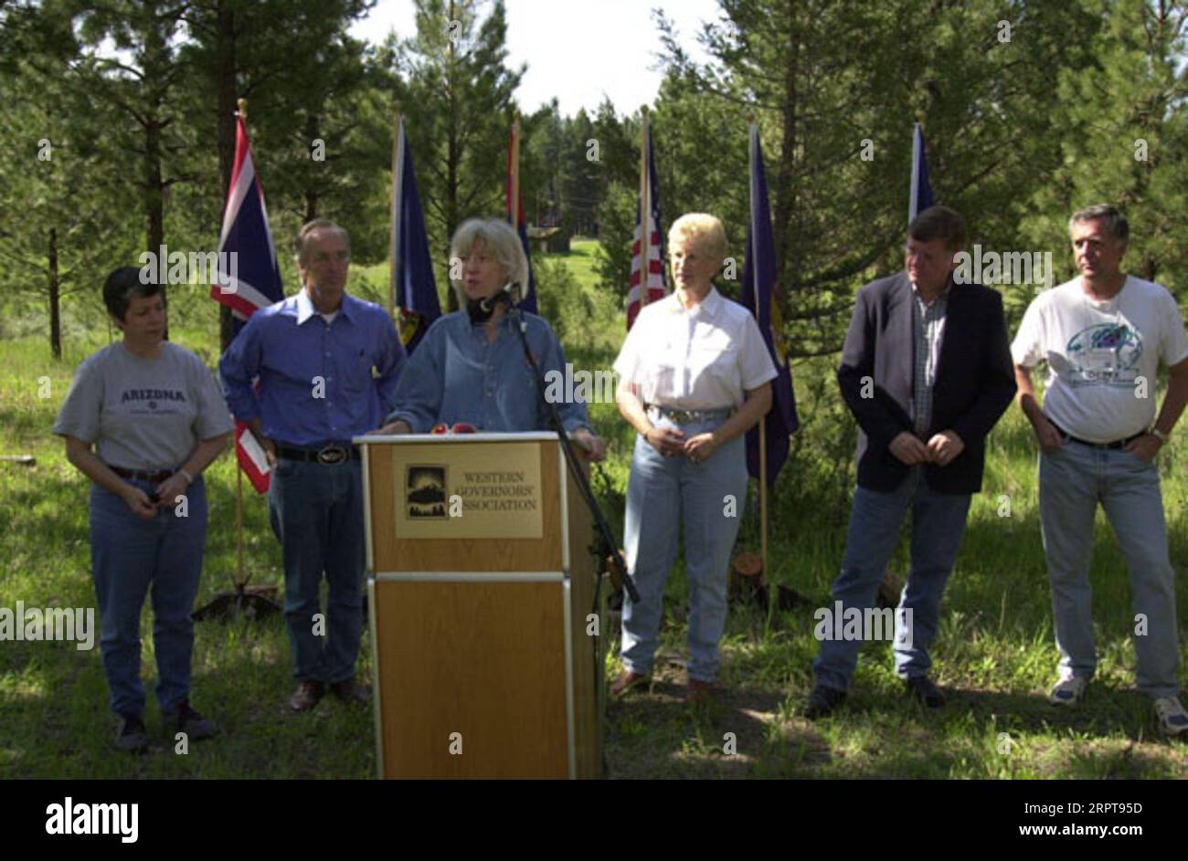 Arizona Governor Janet Napolitano, Idaho Governor Dirk Kempthorne, Secretary Gale Norton, Montana Governor Judy Martz, Wyoming Governor Dave Freudenthal, and Forest Service Chief Dale Bosworth, left to right, during the Western Governors' Association Forest Health Summit in Missoula, Montana Stock Photo