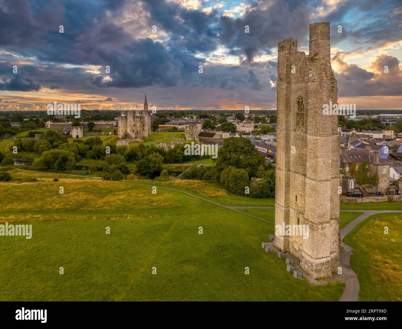 Aerial view of Trim castle, town and St Mary's Abbey ruined Gothic