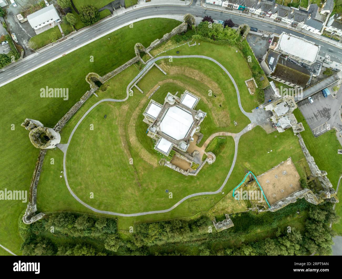 Aerial top down ground plan view of Trim castle, most monumental Anglo