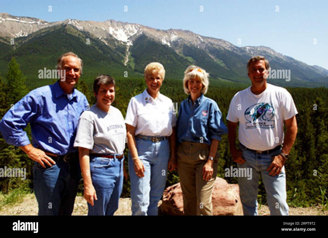 Idaho Governor Dirk Kempthorne, Arizona Governor Janet Napolitano, Montana Governor Judy Martz, Secretary Gale Norton, Forest Service Chief Dale Bosworth, left to right, on hand for the Western Governors' Association Forest Health Summit in Missoula, Montana. Photograph was used in Interior video on Nortonera Stock Photo