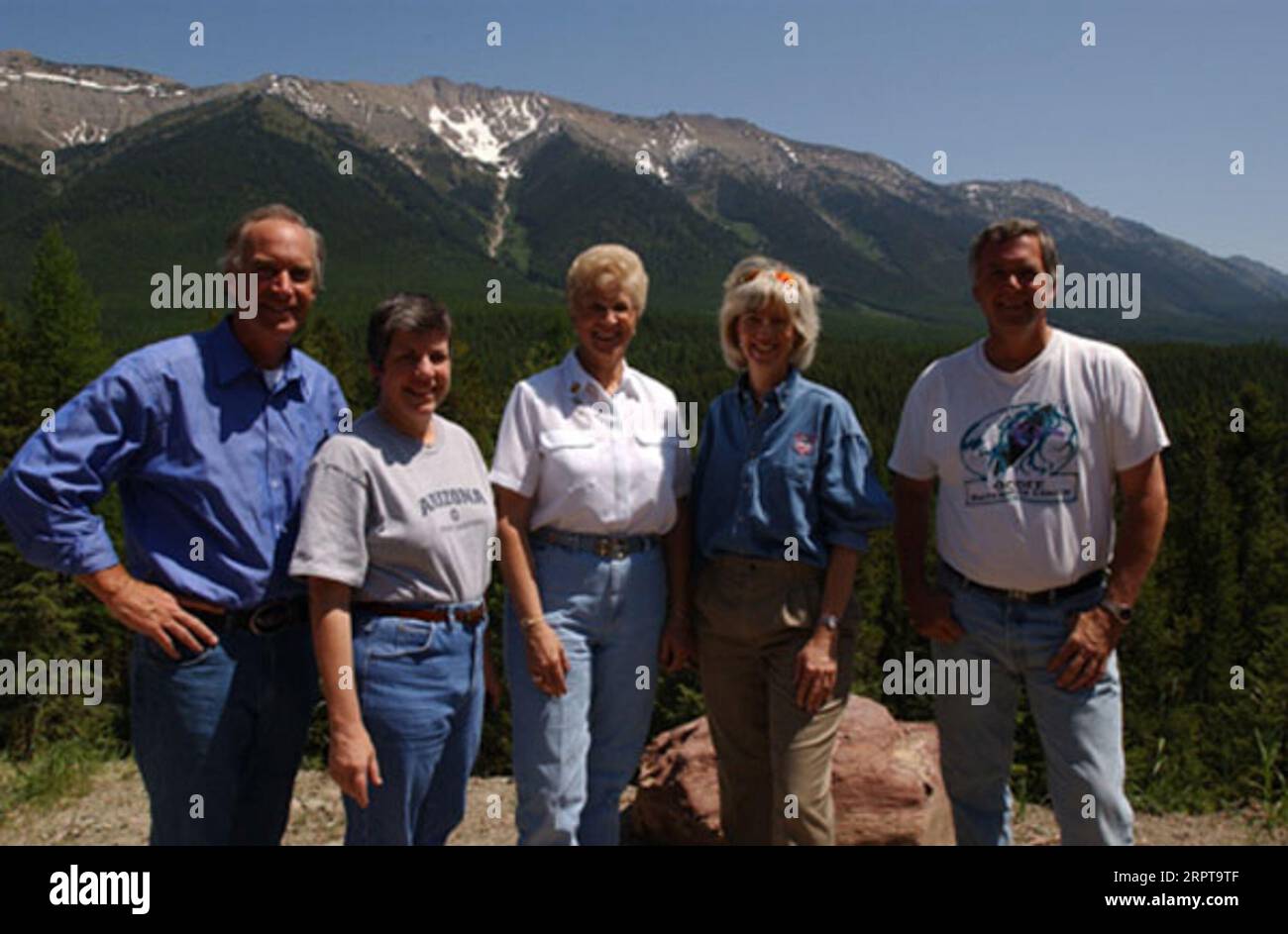 Idaho Governor Dirk Kempthorne, Arizona Governor Janet Napolitano, Montana Governor Judy Martz, Secretary Gale Norton, Forest Service Chief Dale Bosworth, left to right, on hand for the Western Governors' Association Forest Health Summit in Missoula, Montana, and for related tours Stock Photo