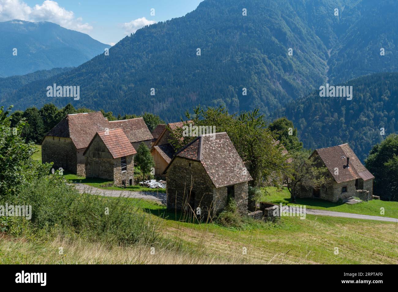 View of the antique hamlet of Orias, near Pesariis in northern Italy, with the 'stavoli', rural constructions used in the past by farmers and breeders Stock Photo