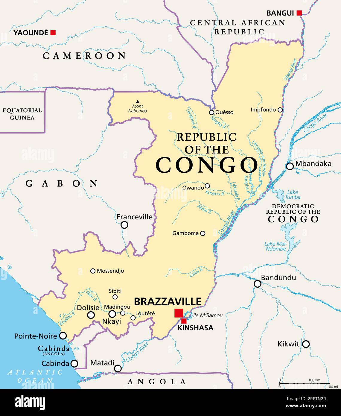 Republic of the Congo, political map. Also known as the Congo, is a country located on the western coast of Central Africa, to the west of Congo River. Stock Photo