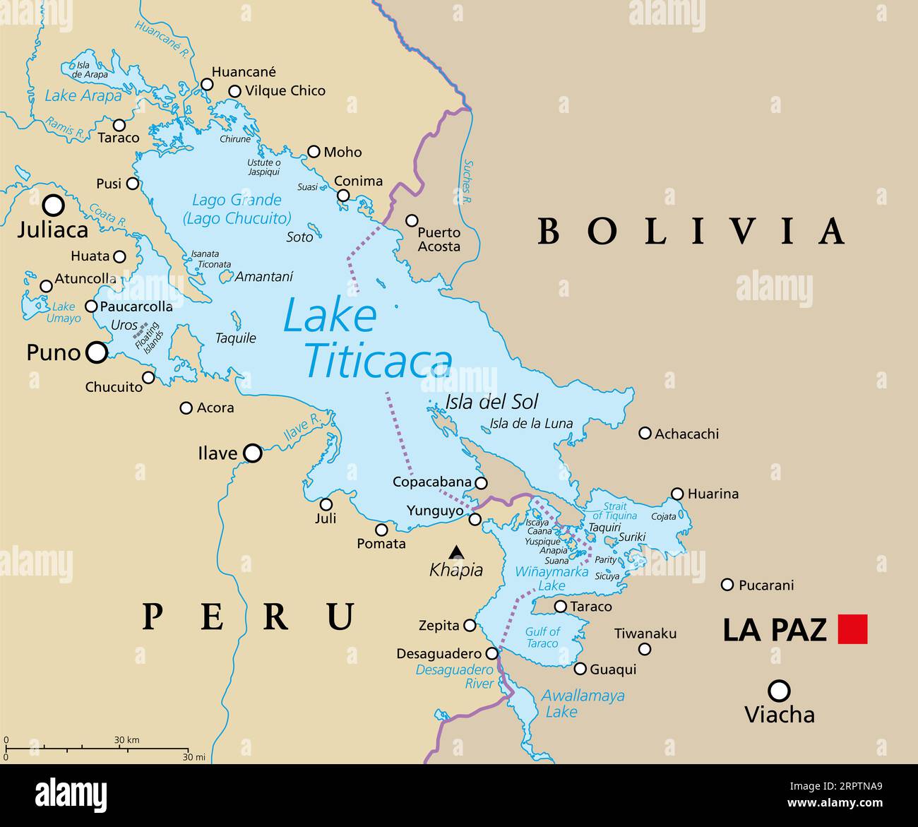 Lake Titicaca, political map. Large freshwater lake in the Andes mountains on the border of Bolivia and Peru. Often called the highest navigable lake. Stock Photo