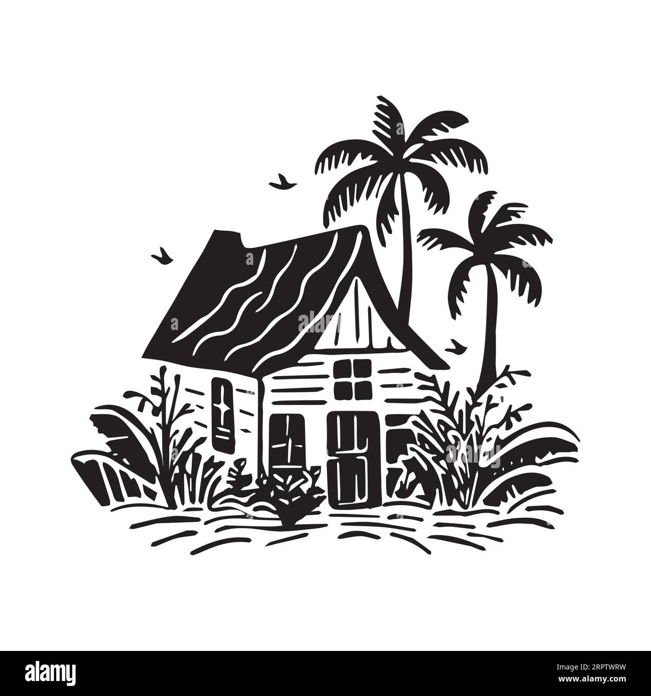 Whimsical beach hut block print illustration for tropical travel concept. Vector coastal house with palm tree stylized for holiday. Stock Vector