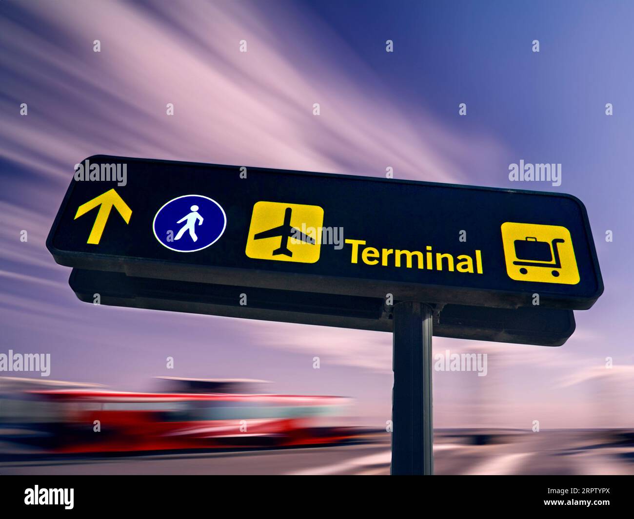 Airport sign signs signage concept blur blurred travel busy speed airline passenger terminal direction information signage panel. Concept Concepts new dawn of passenger air travel signage for departing vacation holiday airline passengers, directing to terminals, airlines, baggage drop, walkway check-in, speed blur background. Airport exterior signage foot passenger information sign Stock Photo