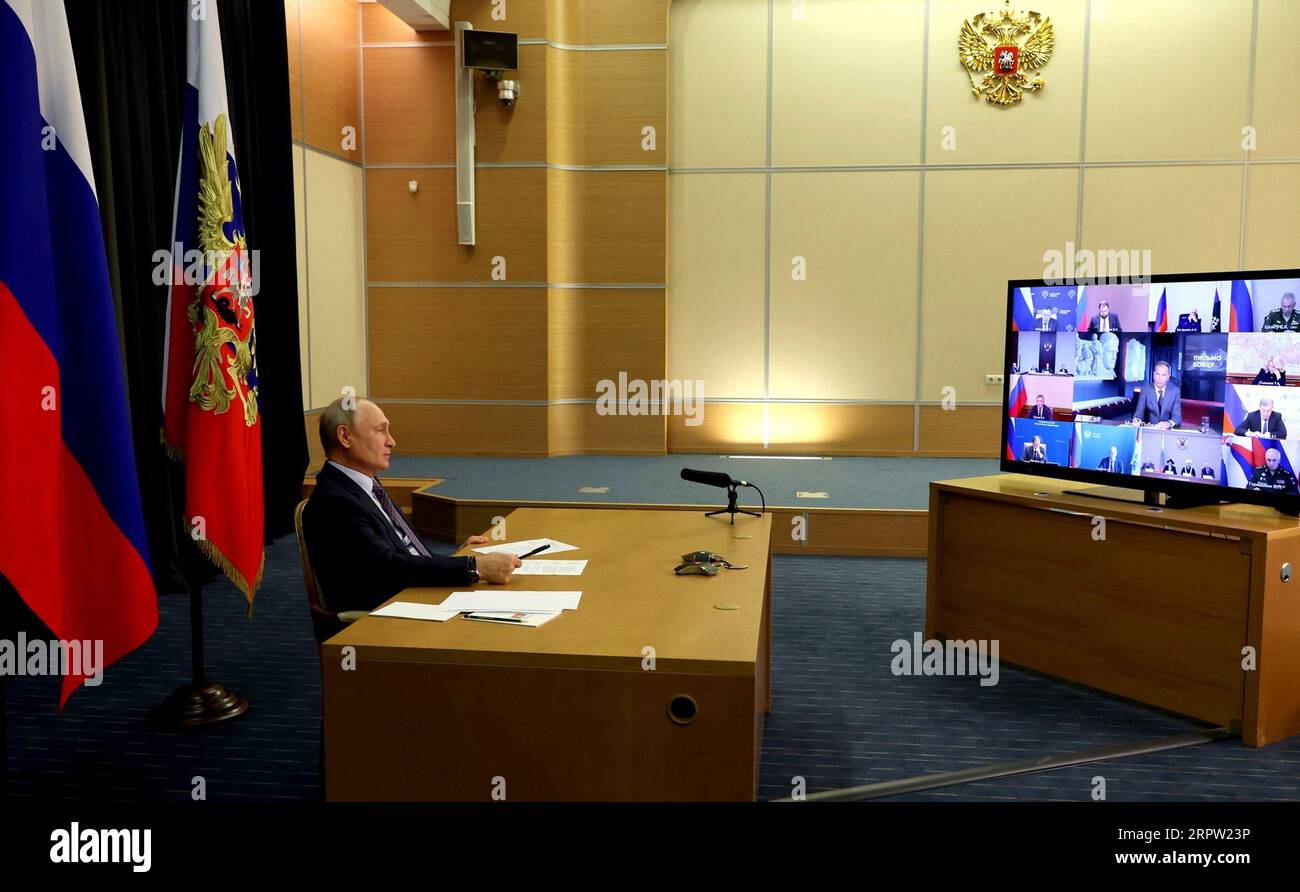 Sochi, Russia. 05th Sep, 2023. Russian President Vladimir Putin chairs a video conference meeting of the Pobeda Victory Day Organising Committee from his Black Sea residence, September 5, 2023 in Sochi, Krasnodar region, Russia. Credit: Mikhail Klimentyev/Kremlin Pool/Alamy Live News Stock Photo