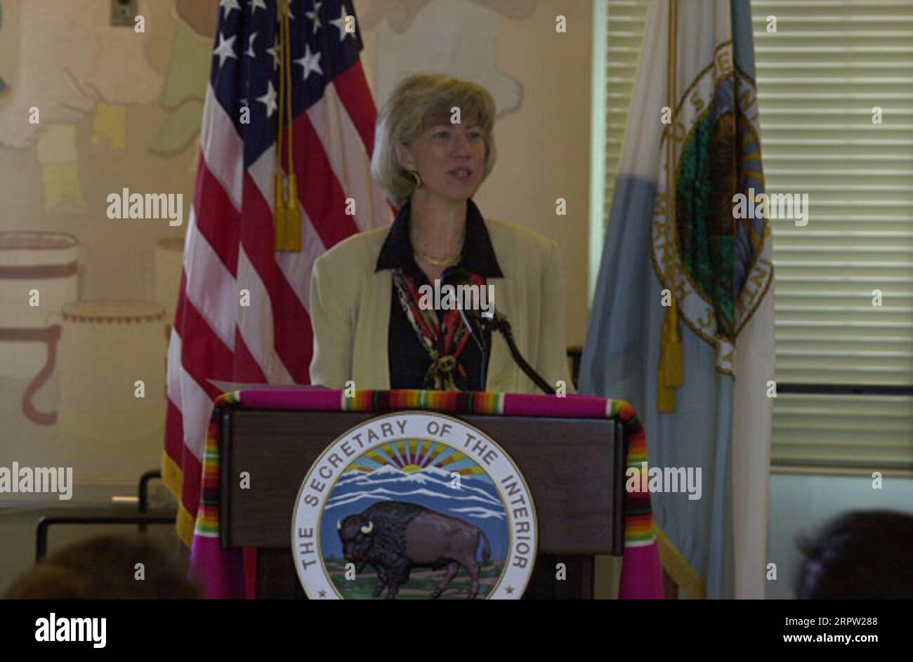 Secretary Gale Norton speaking at Department of Interior headquarters