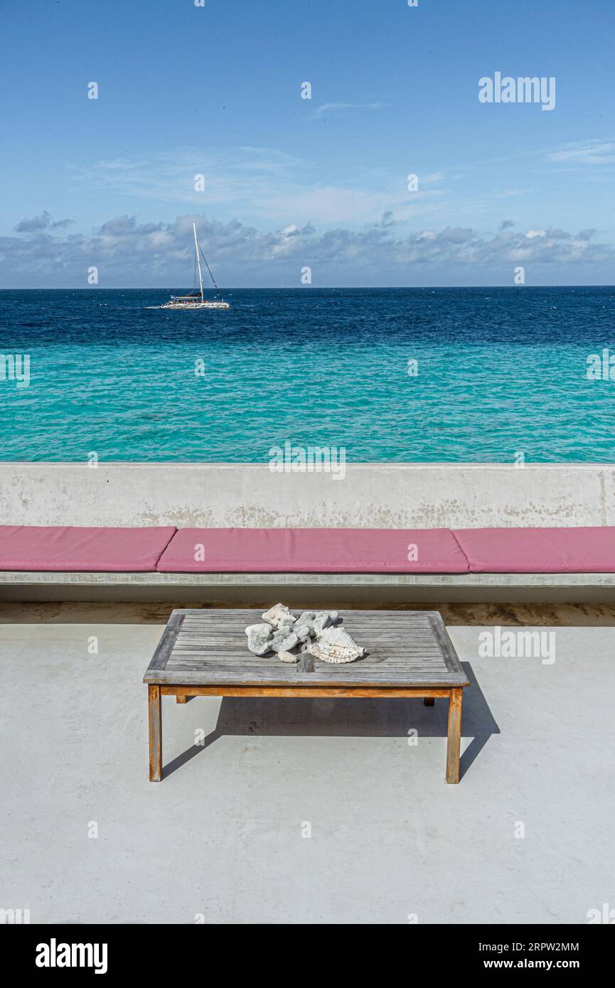 Patio overlooking Caribbean Sea, Curacao Stock Photo