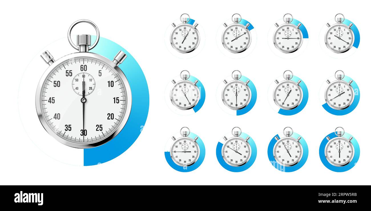 Realistic classic stopwatch. Shiny metal chronometer, time counter with
