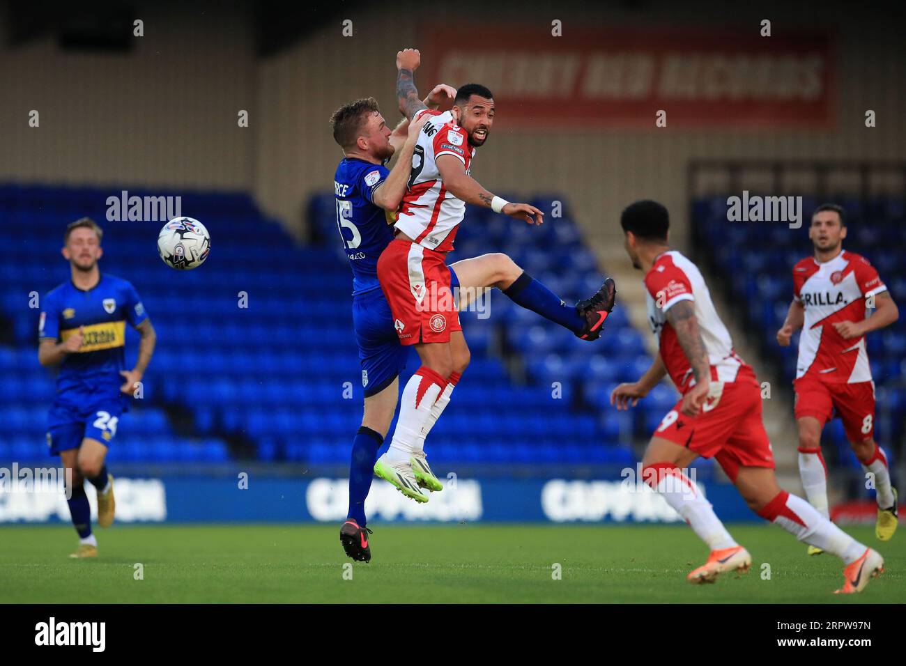 London, UK. 05th Sep, 2023. Kane Hemmings of Stevenage and Alex Pearce ...