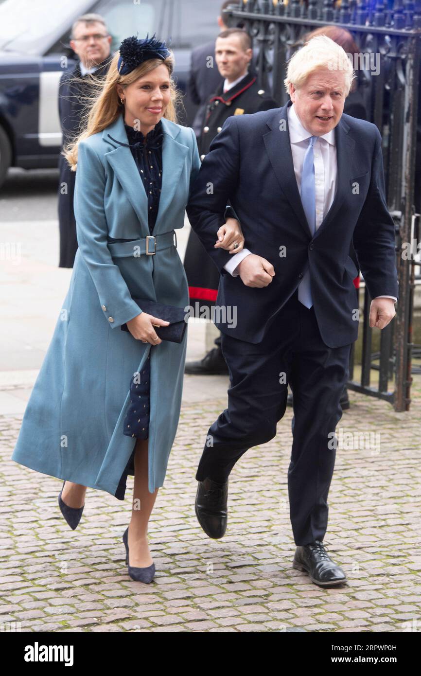 200429 -- LONDON, April 29, 2020 Xinhua -- File photo shows British Prime Minister Boris Johnson R and his fiancee Carrie Symonds arriving at the Westminster Abbey to attend the annual Commonwealth Service on Commonwealth Day in London, Britain, March 9, 2020. Johnson and his fiancee announced the birth of a son on Wednesday. Photo by Ray Tang/Xinhua BRITAIN-LONDON-PM-BABY BOY BIRTH PUBLICATIONxNOTxINxCHN Stock Photo