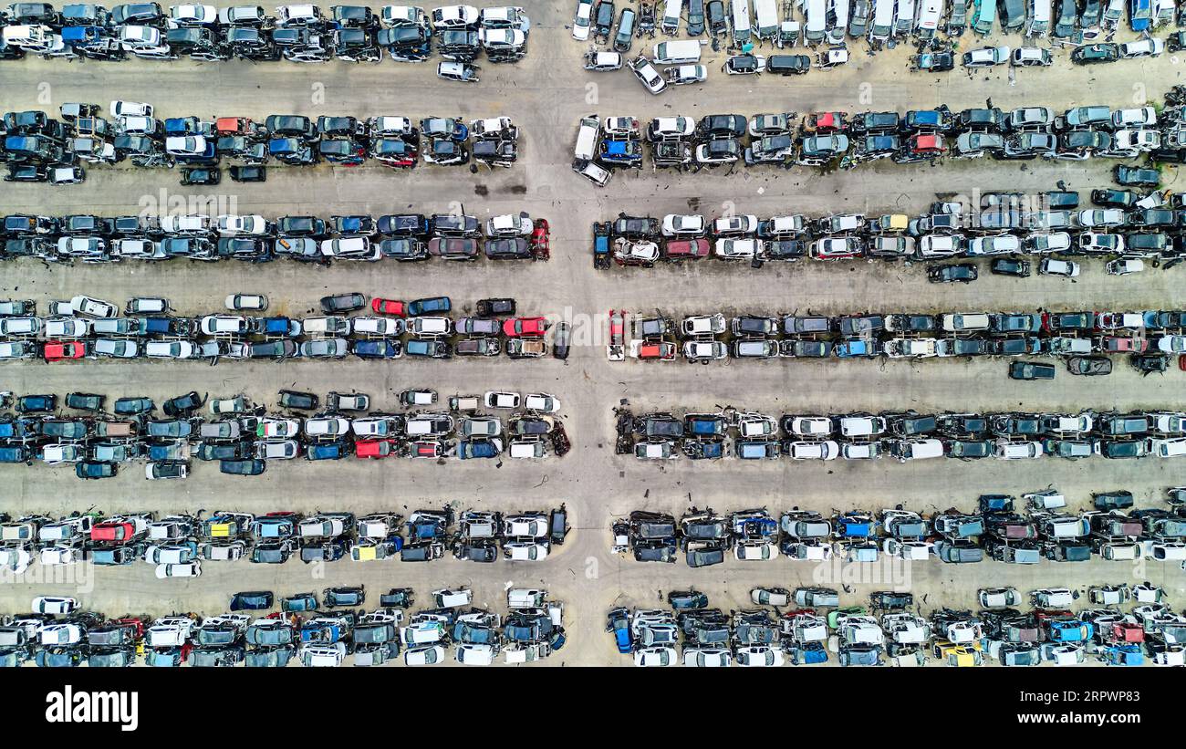 Aerial view image of scrap cars. Aerial view of old cars. Cars for