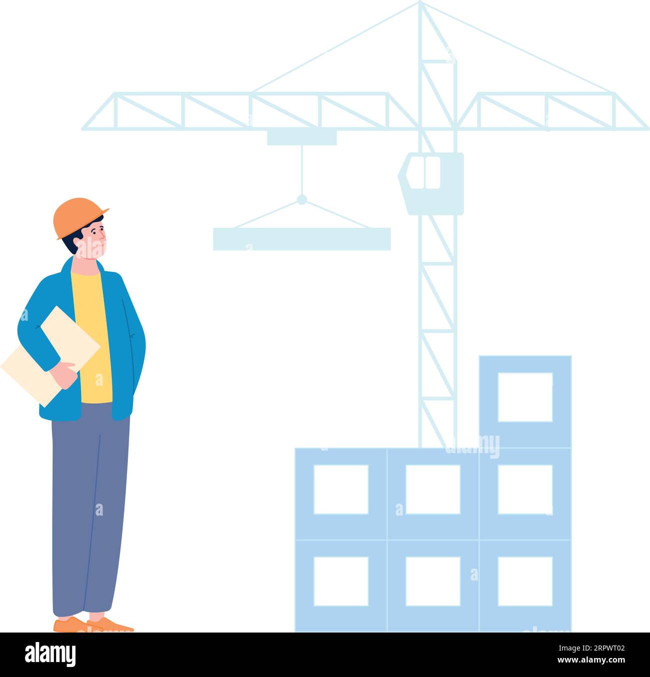 Engineer control building construction. Contractor character working Stock Vector