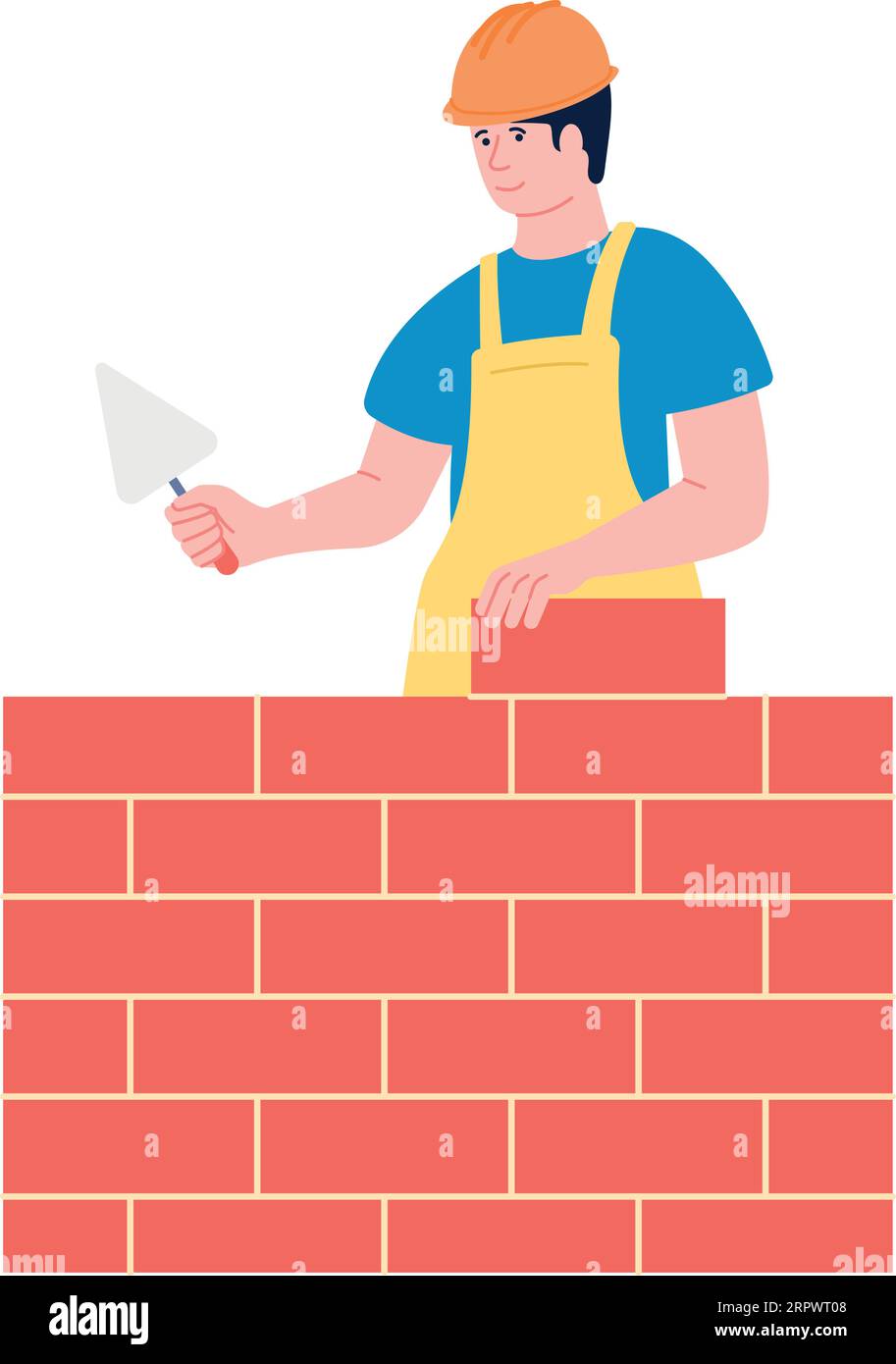 Construction worker build brick wall. Masonry color icon Stock Vector