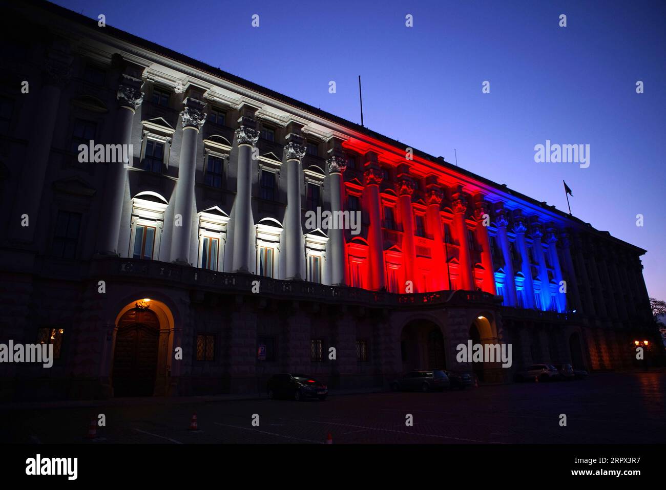 200506 -- PRAGUE, May 6, 2020 Xinhua -- The colors of the Czech tricolor national flag are projected on the building of the Cernin palace, the seat of the Foreign Ministry, to show a sign of solidarity and to pay tribute to the generosity and good deeds reacting to the COVID-19 pandemic in Prague, the Czech Republic, May 5, 2020. Photo by Dana Kesnerova/Xinhua CZECH REPUBLIC-PRAGUE-COVID-19-BUILDING-ILLUMINATION PUBLICATIONxNOTxINxCHN Stock Photo