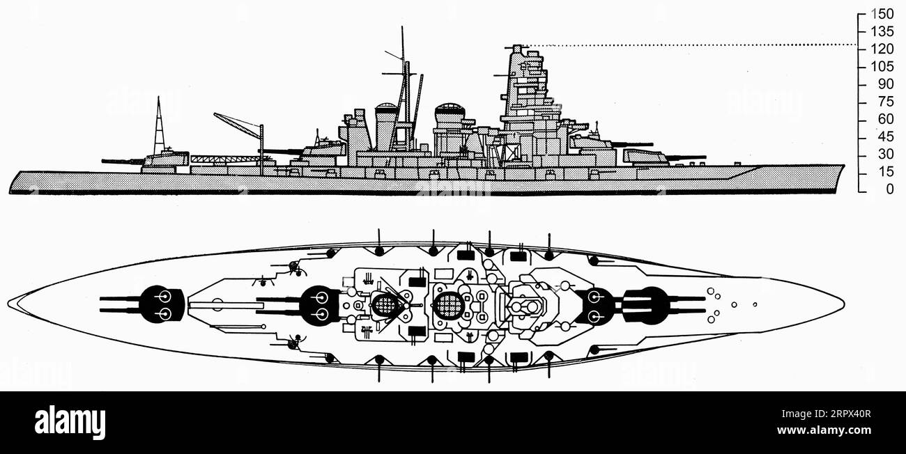 A drawing of the Kongo class battleship. Scale shows height in feet. circa 1945 Stock Photo
