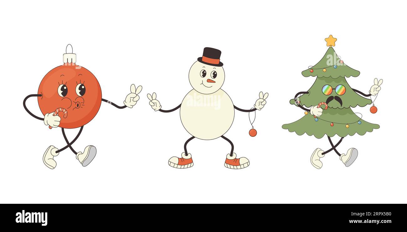 Artboard groovy characters set snowman, balloon, hippie Christmas tree. Retro style vector illustration Stock Vector