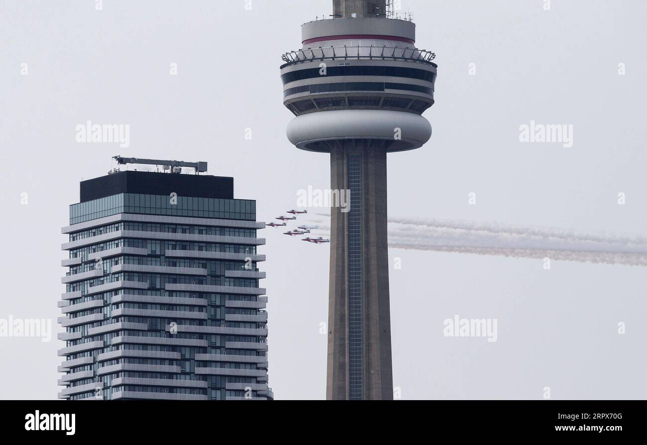 200510 -- TORONTO, May 10, 2020 -- A formation of the Canadian Forces Snowbirds fly as part of their Operation Inspiration Tour during the COVID-19 outbreak over Toronto, Canada, on May 10, 2020. From the first weekend of May, the cross-country tour is expected to salute Canadians doing their part to fight the spread of COVID-19. Photo by /Xinhua CANADA-TORONTO-COVID-19-SNOWBIRDS-FLYOVER ZouxZheng PUBLICATIONxNOTxINxCHN Stock Photo