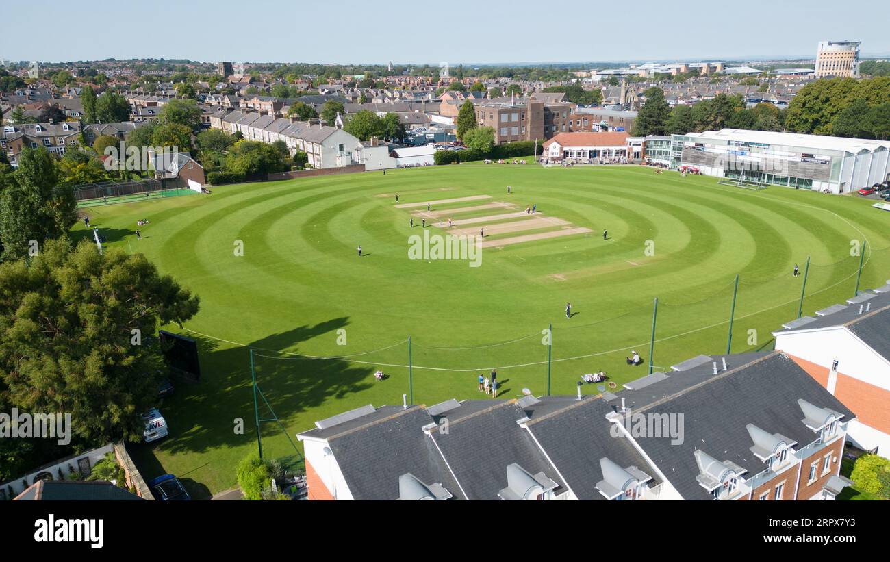 Gosforth, 5 September 2023. Aerial view of the Roseworth Terrace cricket ground during the