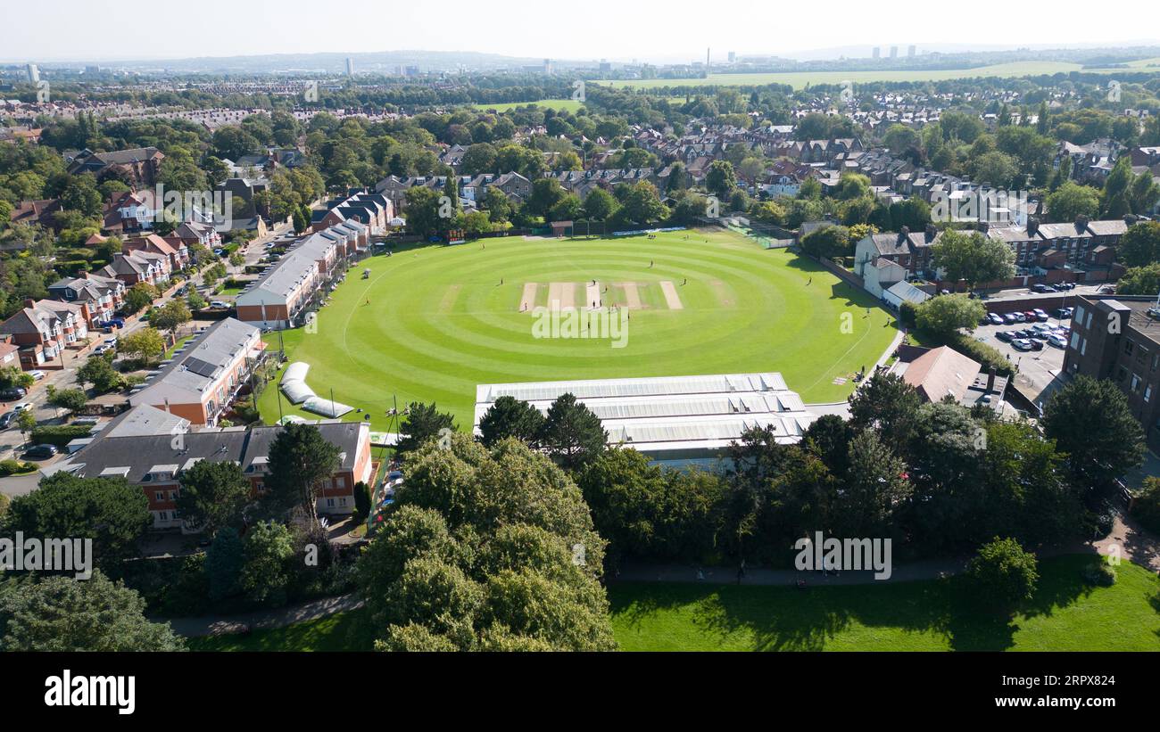 Gosforth, 5 September 2023. Aerial view of the Roseworth Terrace cricket ground during the