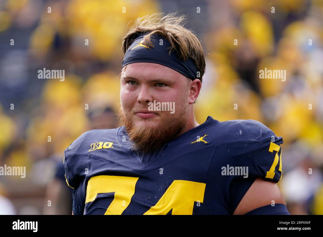 Michigan defensive lineman Reece Atteberry (74) walks off the field after an NCAA college football game against East Carolina in Ann Arbor, Mich., Saturday, Sept. 2, 2023. (AP Photo/Paul Sancya Stock Photo - Alamy