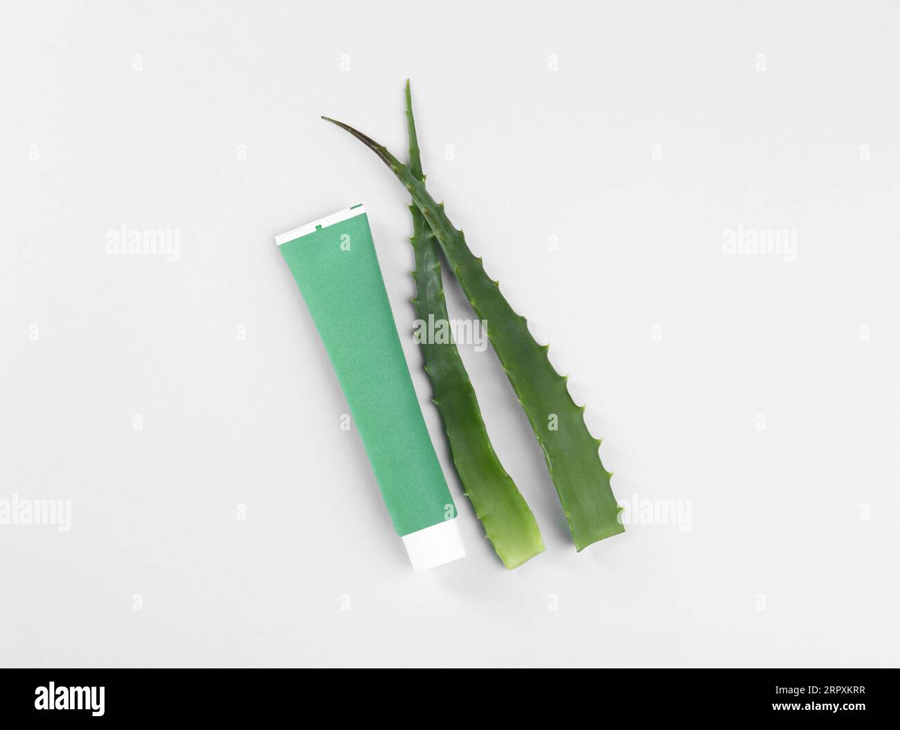 Tube of toothpaste and fresh aloe on white background, top view Stock ...